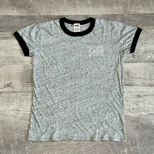 PINK Victorias Secret Campus Ringer T Shirt Womens M Short Sleeve Heather Grey